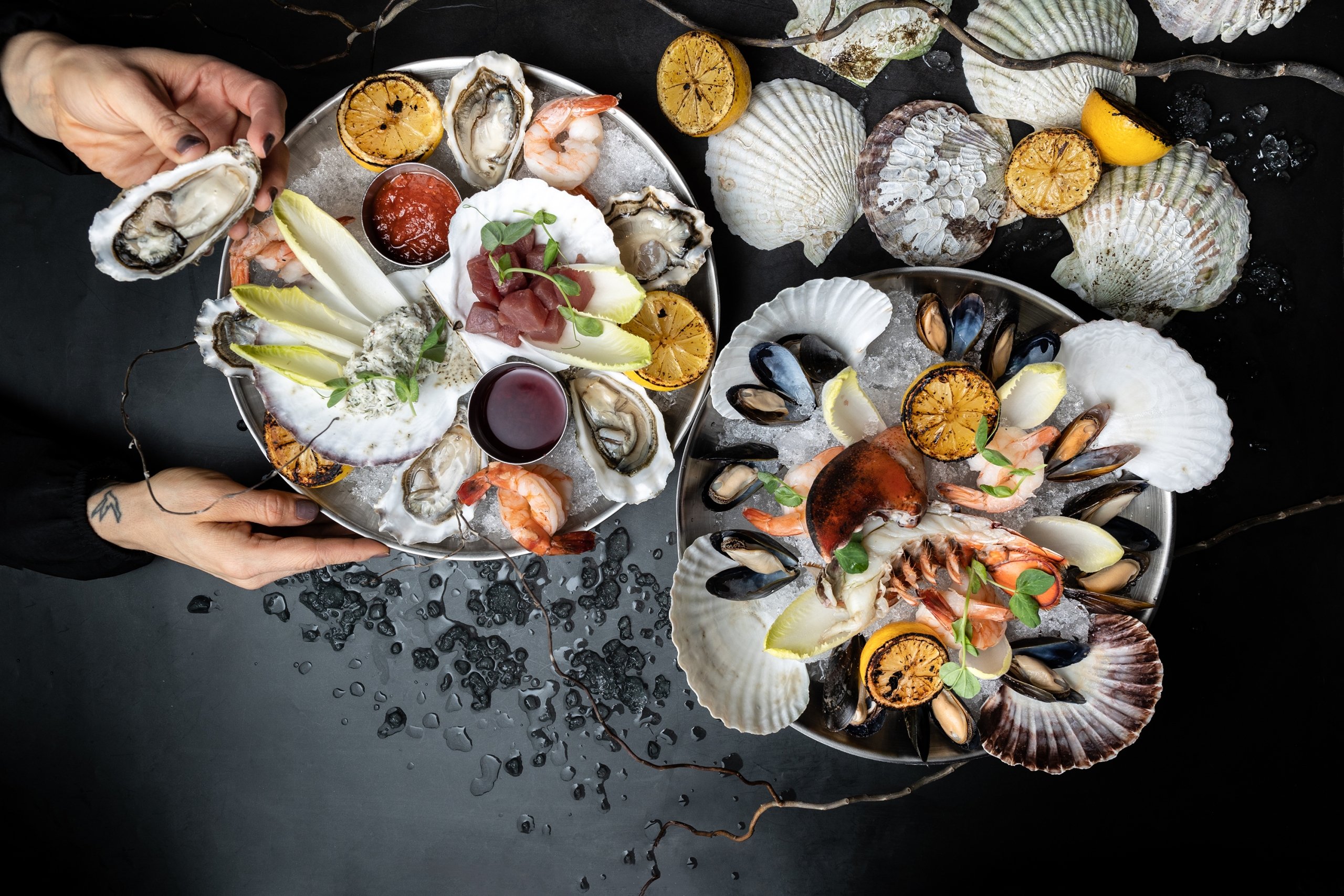 table scape of a selection of seafood