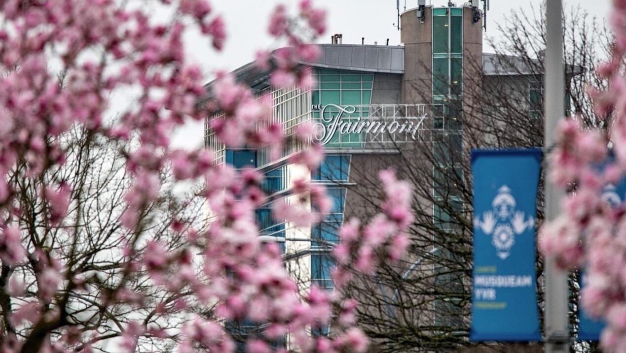 view of fairmont vancouver airport through a cherry blossom tree