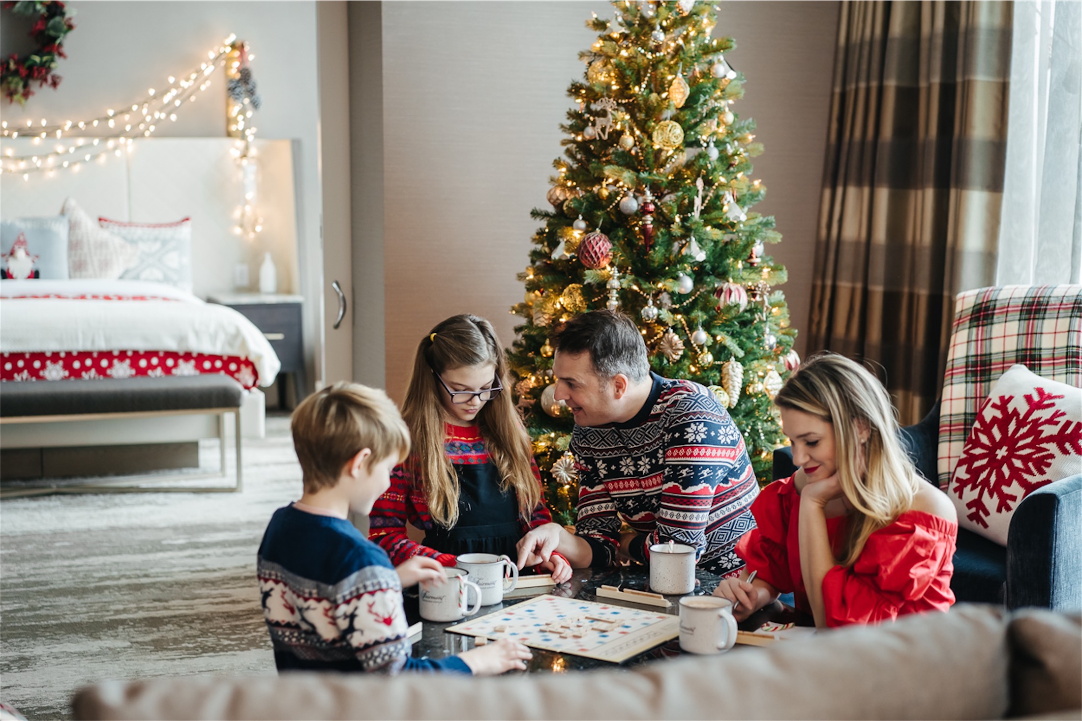 family playing scrabble