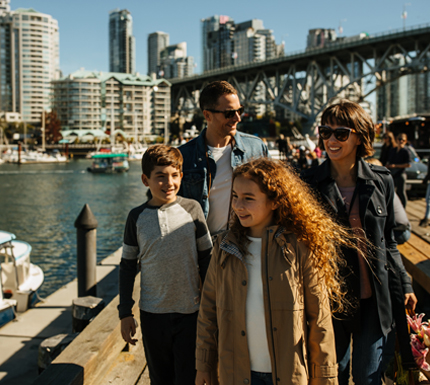 family walking through the city