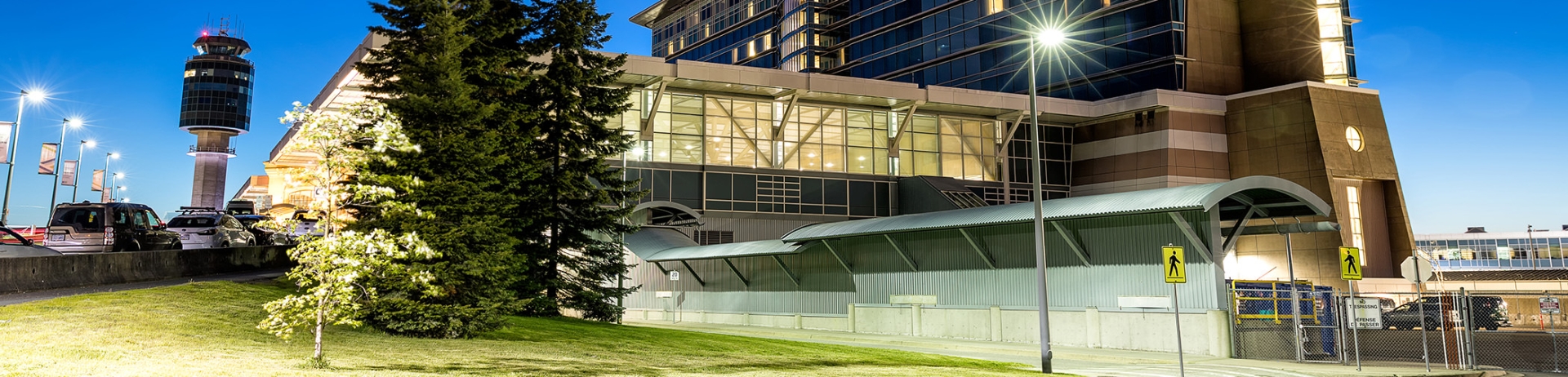 exterior shot of fairmont vancouver airport at night