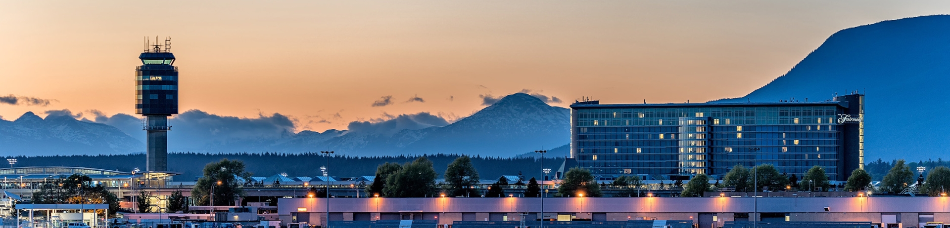 exterior shot of fairmont vancouver airport at night