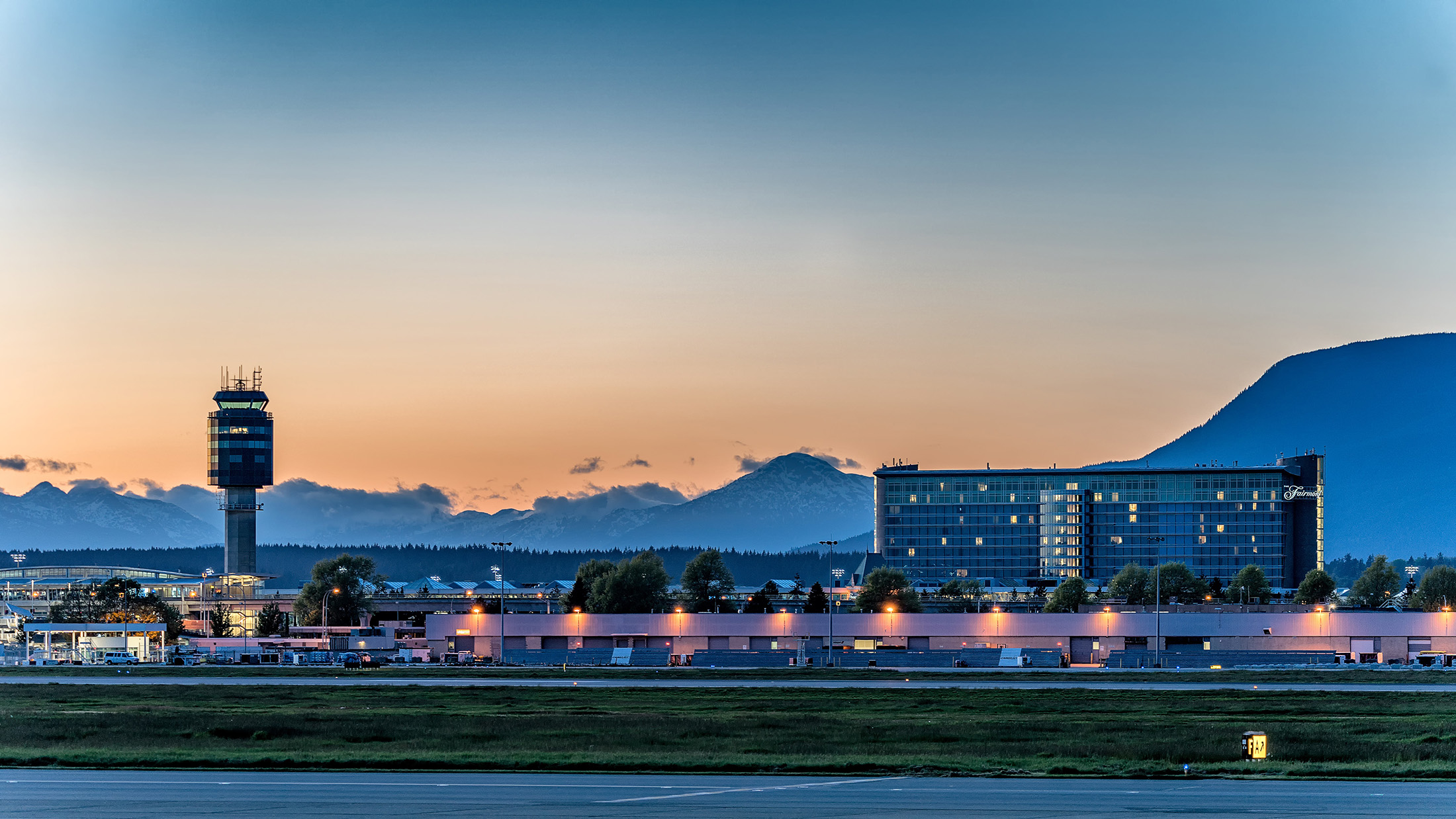exterior shot of fairmont vancouver airport at night