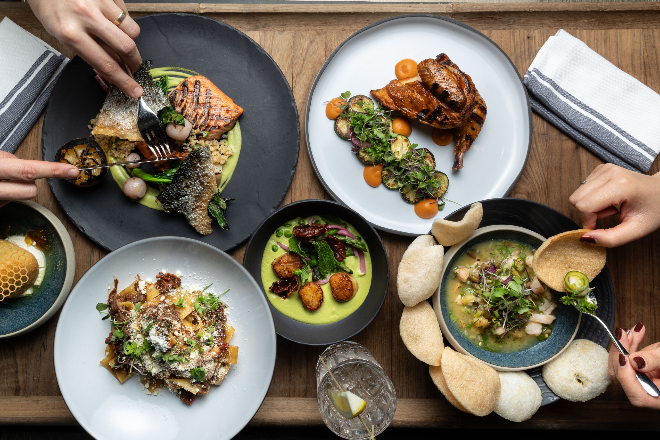 A table with a selection of food items.