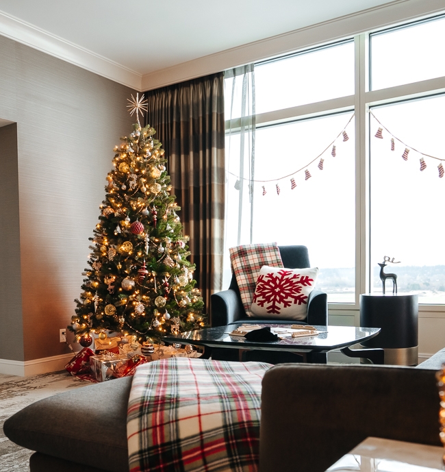 hotel room with Christmas decorations